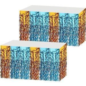 NWT 2 Pack Tinsel Foil Fringe Table Skirt, 108.3 x 29.5” Blue Orange Wavy Party